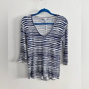 SPLENDID Striped Split Back 3/4 Sleeve Top